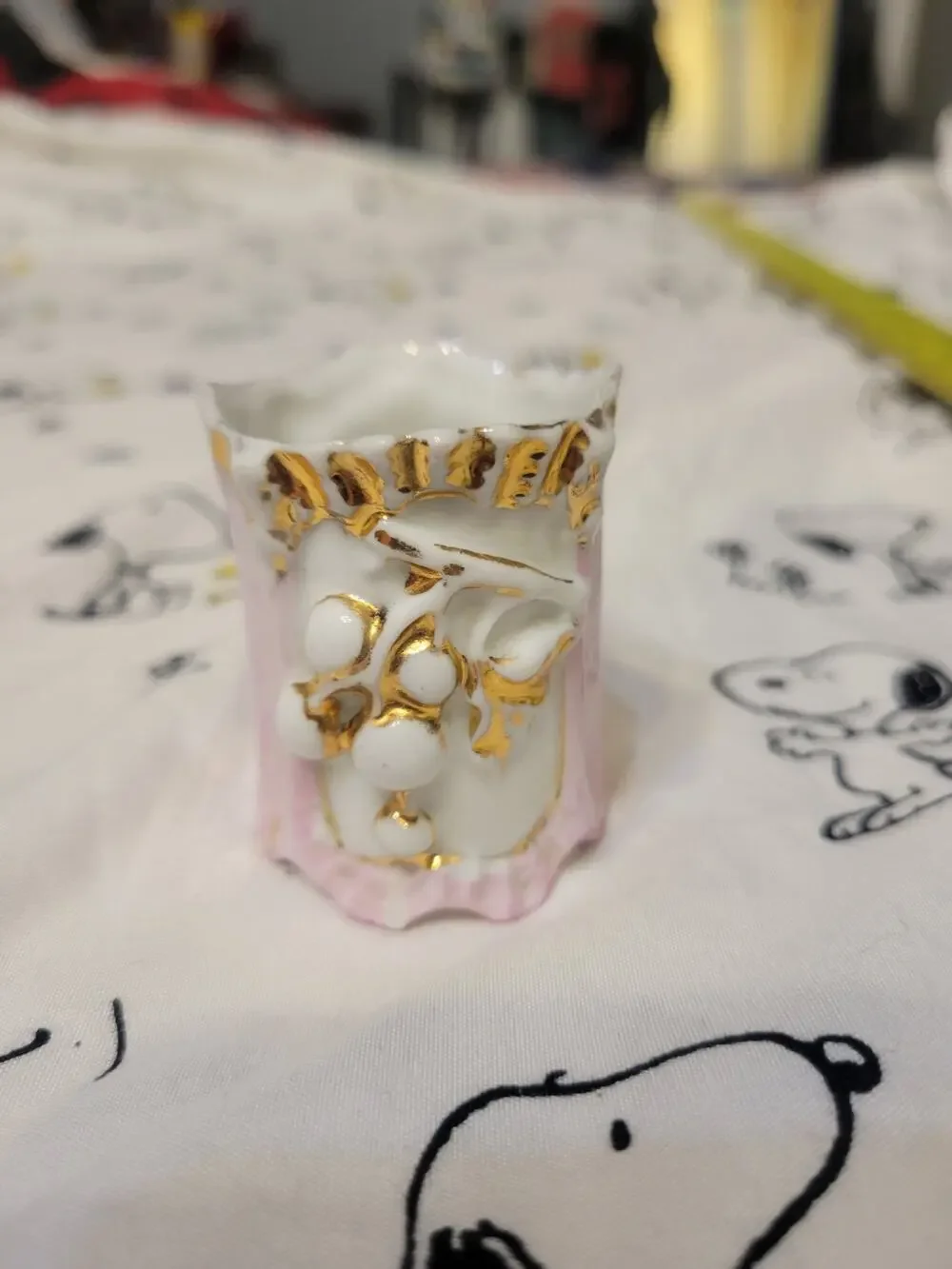Vintage PORCELAIN TOOTHPICK Holder Pink Gold Flowers footed 1900 ?